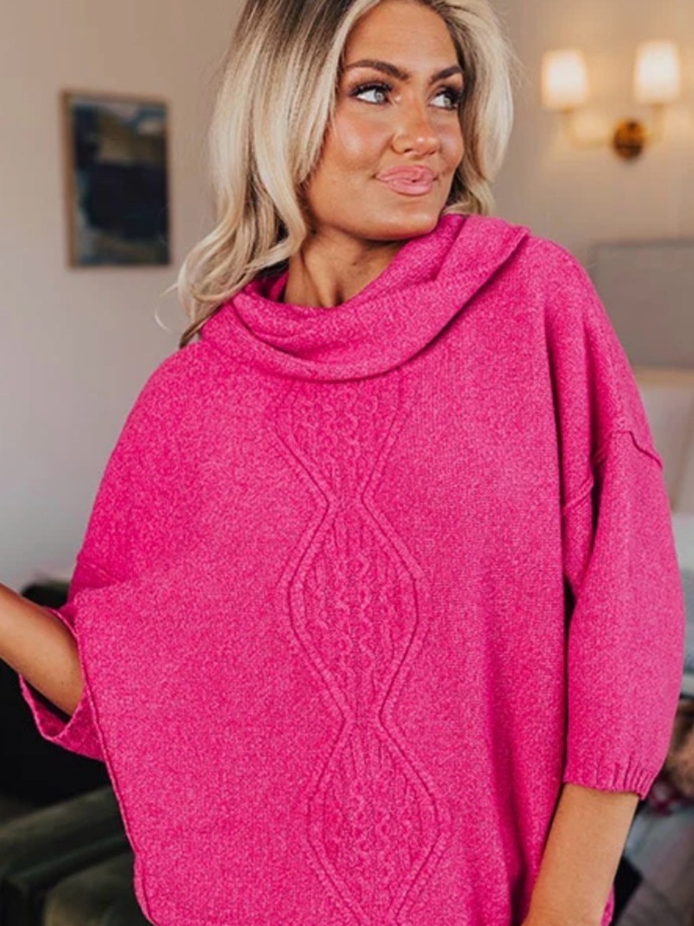 Impressions Pink Cable Knit Cowl Poncho Sweater